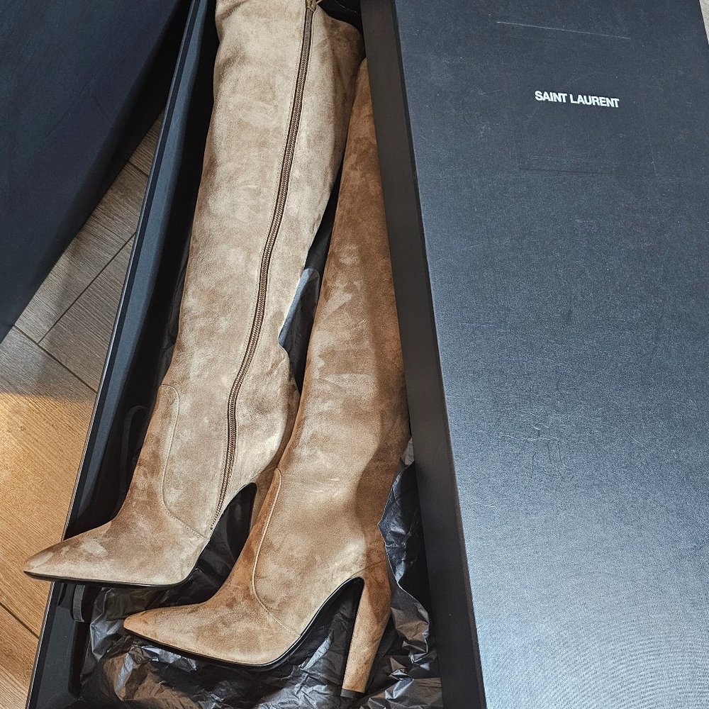 NEW Saint Laurent Velvet Tall Boot in Tan Size 41